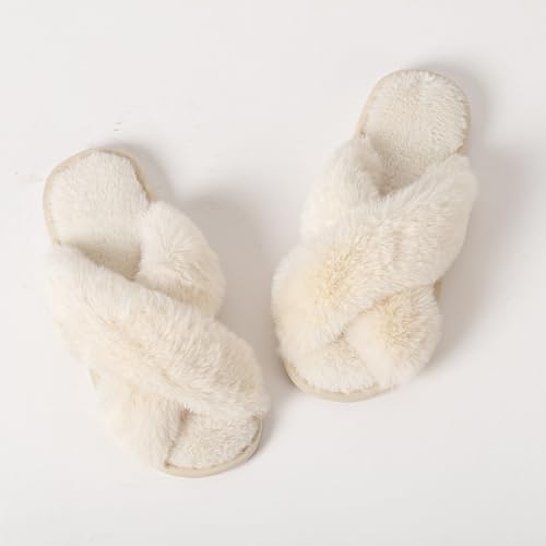 Image of Enteer Women's Slipper Memory Foam Cross Band Fuzzy Slippers Open Toe Cozy House Slippers Cozy Plush Bedroom Indoor Outdoor