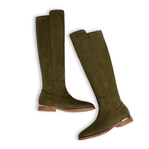 Image of Modatope Rounded Toe Flat Stretchy Dress Knee High Boots Side Zipper | Suede Elastic Fall Winter Boots, Low Chunky Block Heel Riding Boots,2026 Fashion Womens Tall Long Boots