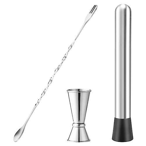 Pasuihcay Stainless Steel Muddler for Cocktails,Mixing Spoon and Measuring Jigger,Professional Bar Tools,8-Inch Bar Muddler, Silver