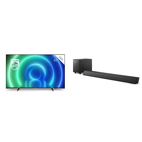 Philips 55PUS7506/12 55 Zoll LED Fernseher, 4K Smart TV, Matter Rahmen + B5305/12 Soundbar Bluetooth mit Subwoofer kabellos (2.1 Kanäle) - 2020/2021 Modell, schwarz