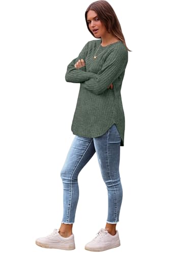 Image of Saloogoe Long Sleeve Shirts for Women 2025 Fall Clothes Tunic Tops Loose Fit Dressy Crewneck Pullover Sweaters Curved Hem