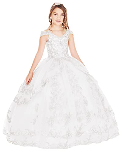 Flower Girl's Lace Applique Pageant Party Dress Floor Length Tulle Ball Gowns for Kids
