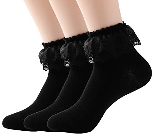 SRYL Women Ankle Socks,Lace Ruffle Frilly Cotton Socks Trim Double Layer Lace,Princess Socks Dress Socks(3 pairs - Black)
