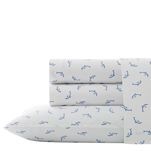 Image of Poppy & Fritz - Full Size Sheet Set, 100% Long-Staple Percale Cotton Bedding, Crisp & Cool, Deep Pockets, Bed Sheets with Matching Fitted Sheet & Pillowcase (Dolphins Blue)