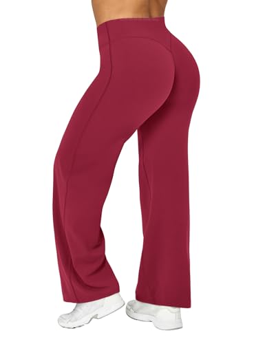 Ieumaz Women Straight Leggings Bottoms High Waist Gym Workout Leggings Stretch Casual Wide Leg Yoga Pants Ruby Red