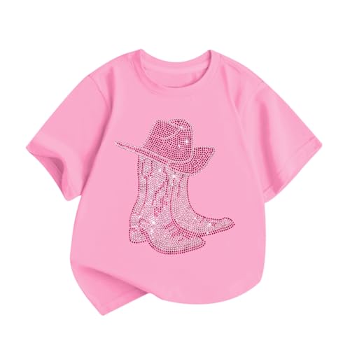 GANGXCHEN Girls Western Cowgirl Shirt Rodeo Graphic Shirts Kids Shiny Sparkling Rhinestone Hat Boots Print Tee Tops(Pink 9-10Y)