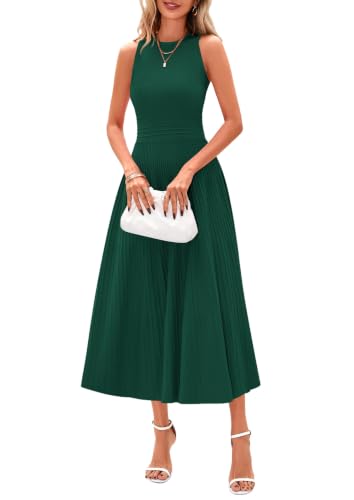 PRETTYGARDEN Women's Summer Pleated Midi Work Dress,Dark Green,M