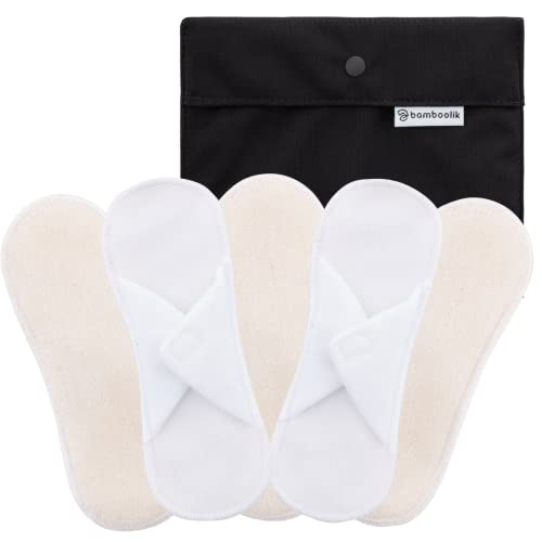 Bamboolik Salvaslips lavable | rizo de algodón orgánico | cierre de velcro | juego de 5 – natural + mini bolsa de humedad negra | reutilizable | compresas de tela