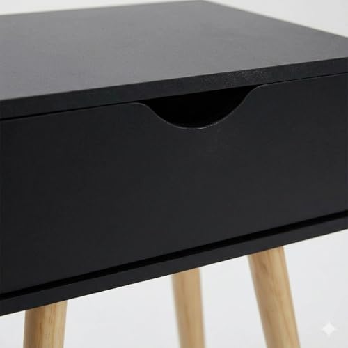 Image of Modern White Bedside Table with 1 Drawers & Wooden Legs | Compact Nightstand for Bedroom | Scandinavian Style Side Table with Storage for Home Living Room (Black, 1 Drawer)