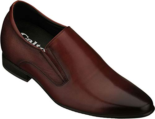 CALTO Men's Invisible Height Increasing Elevator Shoes - Brown Leather Slip-on Formal Dress Loafers- 3 Inches Taller - Y5531 - Size 10.5 D(M) US