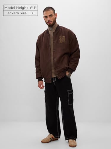Image of The Souled Store Reversible Bomber: Harry Potter Hogwarts Men and Boys Long Sleeves Band Neck Brown Embroidered Polyester Oversized Jackets