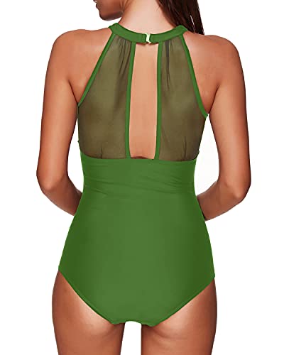 image for Tempt Me Women One Piece Swimsuit Green High Neck V-Neck Mesh Ruched S