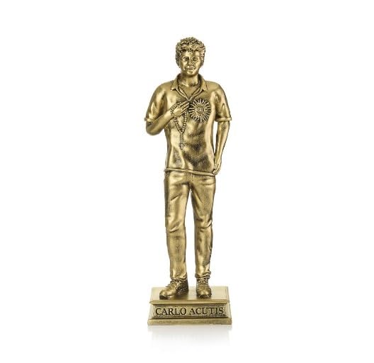 Generico ArteSacraCaravaggio Statua Beato Carlo Acutis, in marmo resina cm 40 (15,74 inches), per interni ed esterni, decorata a mano finitura bronzo, produzione artigianale italiana