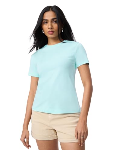 Image of The Souled Store Casual Classics: Women and Girls Short Sleeves Spread Collar Solid Cotton Regular Fit Breathable Lightweight Trendy Everyday T-Shirt