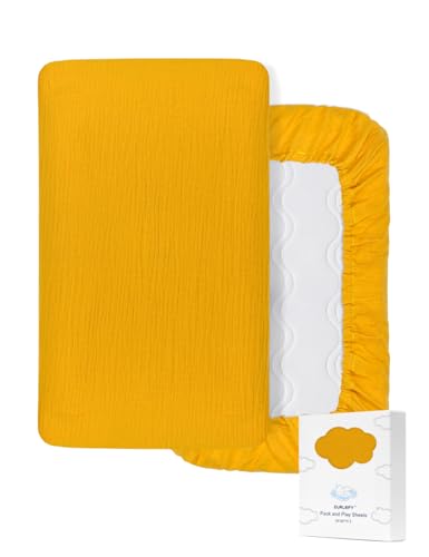 Image of ZURLEFY Yellow Muslin Pack and Play Sheets Fitted Girl, Portable Mini Crib Sheets or Pack n Play Mattress Pad Cover for Baby Boys Unisex (46P-03)