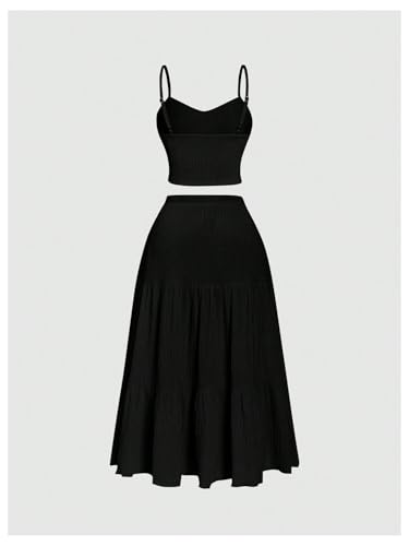 WDIRARA Women's 2 Piece Outfits Skirt Set Cami Top and Ruffle Hem A Line Skirt Matching Set2