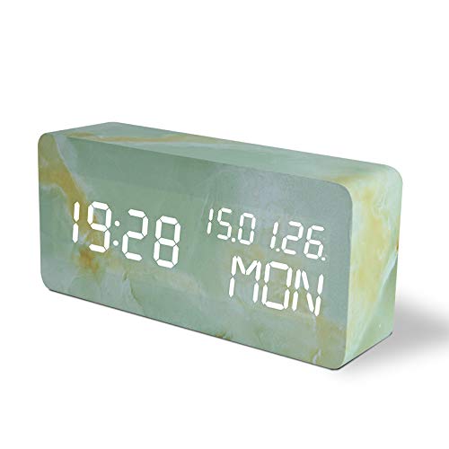 Bashley Despertador de mármol,Reloj Digital Reloj de mármol Imitacion con Fecha y Semana de visualización Control de Sonido Reloj de Escritorio para el Dormitorio,hogar,Oficina(Verde Amarillo)