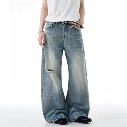 Men's Vintage Denim Pants, Worn-Out Holes, American Style, Wide Leg Trousers3