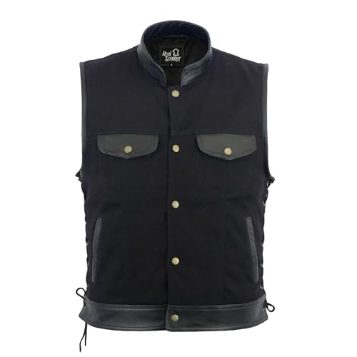 Leatherick Herren SOA motorradfahrer seite Spitzenleder Trim Denim weste schwarz -3XL