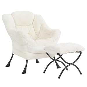 Plush Lazy Chair and Ottoman, Large Contemporary Accent Lounge Chair with Armrests and a Side Pocket, Modern Leisure Upholstered Sofa Reading Armchair with Footrest for Bedroom, Living Room