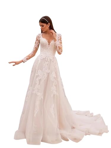 Long Sleeves Wedding Dresses for Bride 2025 Boho Beach A-Line Appliques Lace Bridal Ball Gowns with Train