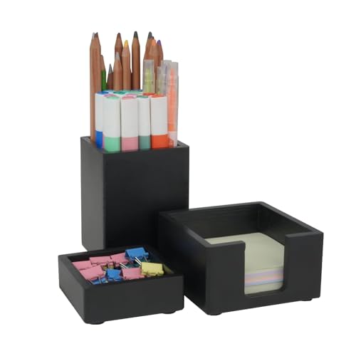 RAWILL 3 PCS Black Wooden Desk Organizer Set Pine Wood Office Desk Accessories with Pen Holder, Paperclip Storage and Sticky Note Holder, Wood Grain Clear, Ideal Gift for Office and Family (Black)