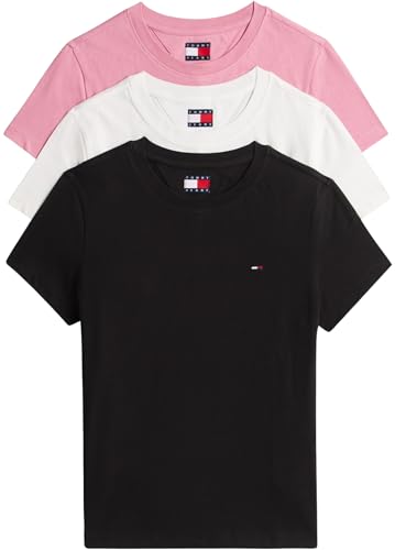 Tommy Jeans T-Shirts Manches Courtes Lot de 3 Femme avec Col Ras-du-Cou, Multicolore (Black/Ecru/Mystic Pink), XL