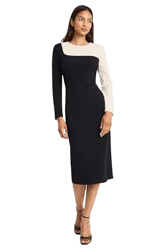 Donna Morgan Women's Asymmetrical Colorblock Midi-Long Sleeve Form-Fitting Silhouette-Versatile Occasion Dress4