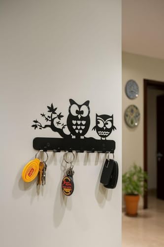 Image of Owl Metal Key Holder - 25cm x 13cm, 9 Hooks, Decorative Key Rack & Organizer, Sturdy Wall Mounted Hanger for Keys, Accessories, Home Decor for Entryway, Hallway, Kitchen, Gift