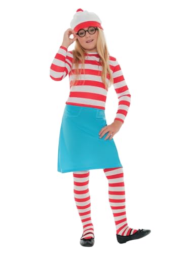 Smiffys Disfraz infantil de Wenda de ¿Dónde está Wally?, Rojo y blanco, con gorro, parte de arriba, falda, gafas y medias Halloween, Carnaval