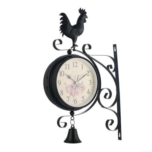 Eawfgtuw Station murale de jardin d'extérieur et de température avec support, horloge murale double face vintage, horloge intérieure et extérieure avec thermomètre double face
