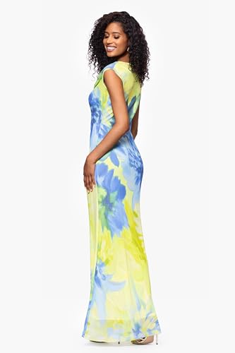 Image of Betsy & Adam Women's Floor-Length, Sleeveless, Floral Print, with Draped Neckline and Flowing Silhouette, Citrine, 12P