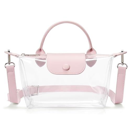 Fashion Mini Crossbody Bag Clear Handbags Purses with Adjustable Strap for Women Ladies Shoulder Totes Bag 7.3 (L) x 3 (W) x 4.7(H) Clear/Pink