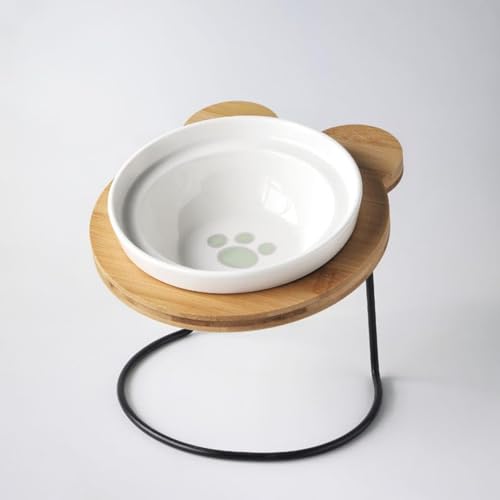 Vlwm 高脚猫食器 猫ご飯皿 猫フードボウル 陶器製 取り外し可能 木製スタンド付き スモールドッグ対応 キャットボウル 水飲み皿 角度調整可能 首肩負担軽減 (つめ本,シングルボウル)