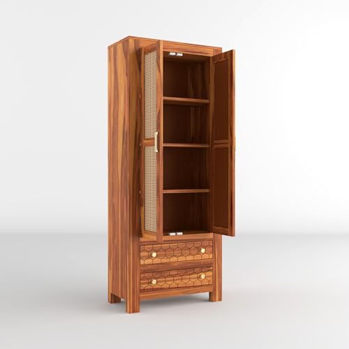 Image of PS DECOR Solid Sheesham Wood Book Shelf Cabinet with Cane Rattan Doors & 2 Drawers | Modern Wooden Bookshelf Storage Unit for Home Library, Living Room & Office (Honey Finish)