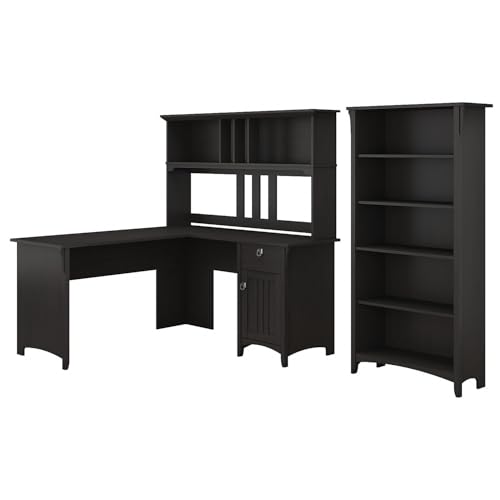 Bush Home Salinas 60W L Shaped Desk with Hutch and 5 Shelf Bookcase in Vintage Black