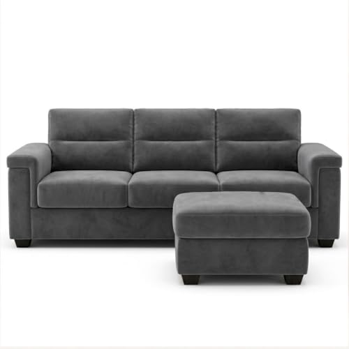 Image of FURNY Parker 3 Seater Sofa Set with Ottoman | Premium Suede Velvet Fabric Finish | Durable Comfort Sofa for Modern Living Room & Office Spaces (Dark Gray)