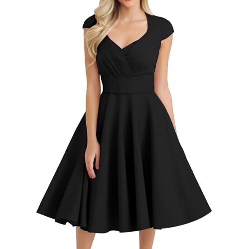 SCBFDI Robe de Bal Femme Manche Courte Cocktail Mode Faire La Fête Robes Col V Été Taille Haute Leger Élégance Cérémonie Habits, Robe Coktail Noir Noir...