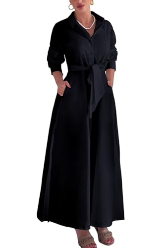 Choichic Shirt Dresses for Women Oversized Side Slit Long Sleeve Button Down T Shirt Dress Maxi Dresses Cover Up with Pockets Belt Large Black