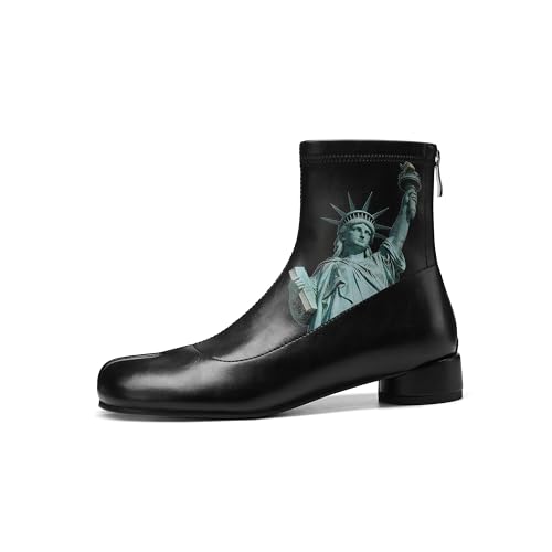 Image of Split Toe Ankle Boots for Women Tabi Japanese Ninja Shoes Low Chunky Heels Booties, Stretch Artificial Leather Boots Back Zipper