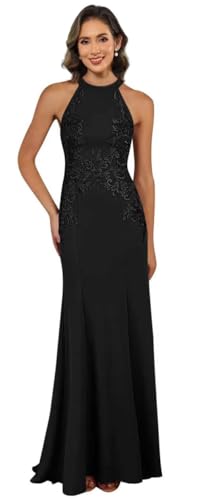 Image of KDTM Satin Lace Mother of The Bride Dresses Long Halter Sleeveless Formal Dresses for Women Wedding Guest