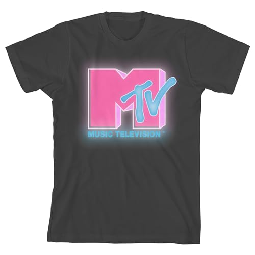 MTV Neon Pink & Blue Light Logo Crew Neck Short Sleeve Charcoal Girl's T-Shirt