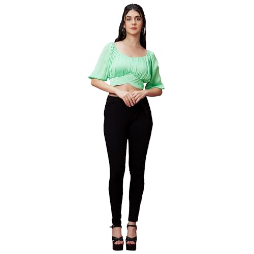 Image of Globus Women Green Solid Back Tie-Up Party Crop Top-3639937001