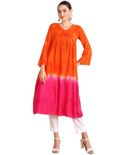 Image of Maaesa Women Handcrafted Tie-Dye Rayon A-Line Dress | Casual Wear & Office Wear | 3 /4 Sleeve | V-Neck | Lightweight & Breathable Fabric