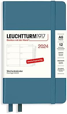 LEUCHTTURM1917 367635 Wochenkalender Pocket (A6) 2024, mit Extraheft für Adressen und Jahrestage, Stone Blue, Deutsch, 12 Monate