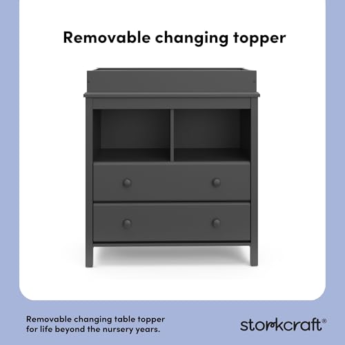 Image of Storkcraft Alpine 2 Drawer Changing Table Chest (Gray) - Attached Changing Table Topper Fits Any Standard-Size Baby Changing Pad, 2 Drawers, 2 Shelves for Extra Nursery Storage, Easy to Assemble