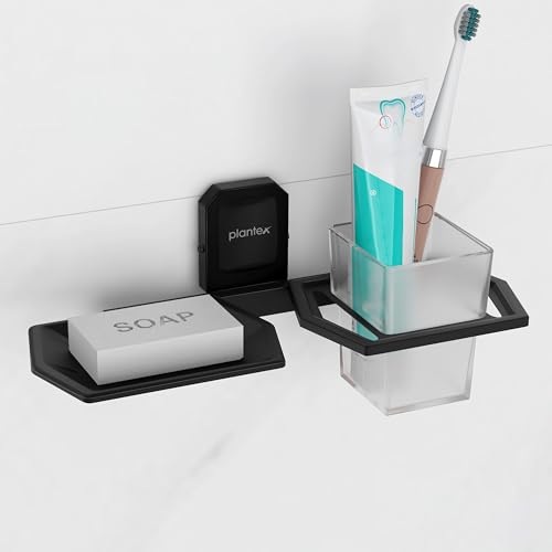 Image of Plantex 304 Stainless Steel 2in 1 Soap Holder and Brush Stand for Wash Basin /Bathroom Organizer for Soap Stand and Toothbrush Holder (Cute - Black)