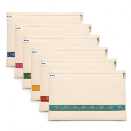 Image of Beddify Pack of 6 Cotton Saree Bags Covers For Storage Big Size Single (16 X 14 Inches) With Zip Closure For Clothes Bags And Wardrobe Organizer With Transparent Mesh Window, Beige
