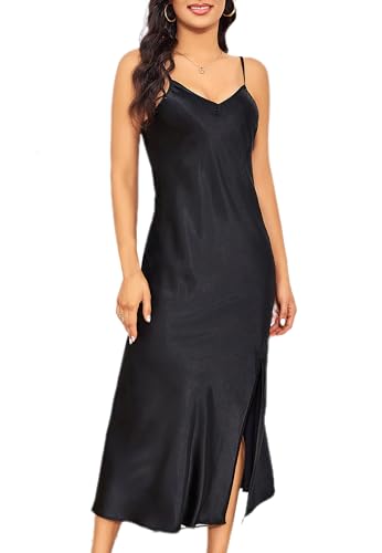 ALCEA ROSEA Women's Long Satin Slip Dress Nightgowns Sexy Lingerie Adjustable Strap Midi Dress Silky Gown V Neck Under Dress