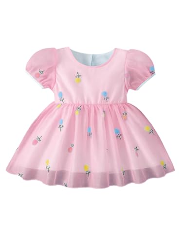 Image of Buy & Try Beautiful Embroidered Flower Dress for Baby Girls, Georgette Fabric, Puff Sleeve, Printed Outfit, Perfect Birthday Dress